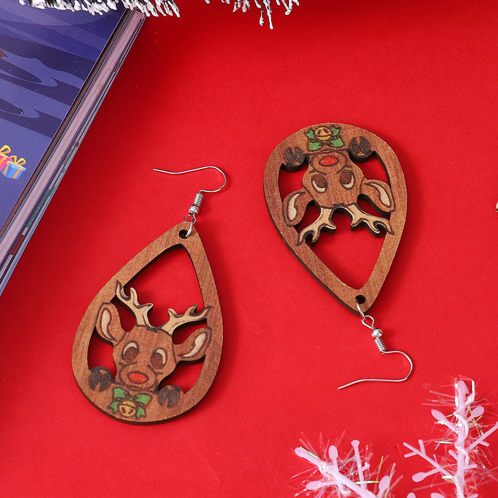 Wholesale Christmas elk hollow water drop pendant wooden double-sided stainless steel earrings