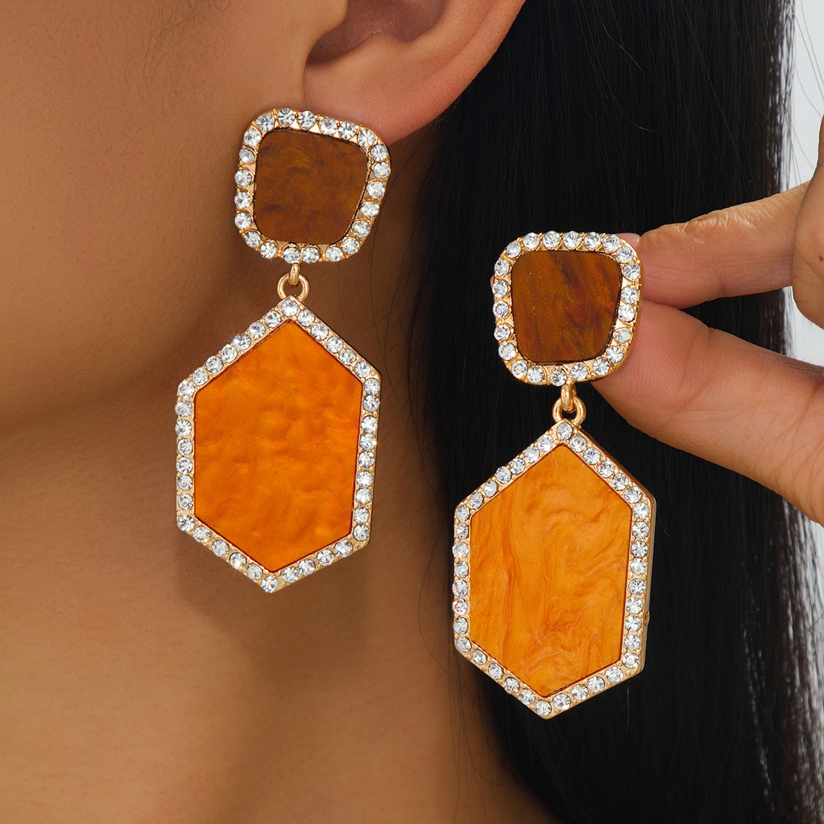 Wholesale Retro Double Layer Hexagon Resin Rhinestone Pendant Earrings Fashion Jewelry Accessory Party Gift Boutique Resale
