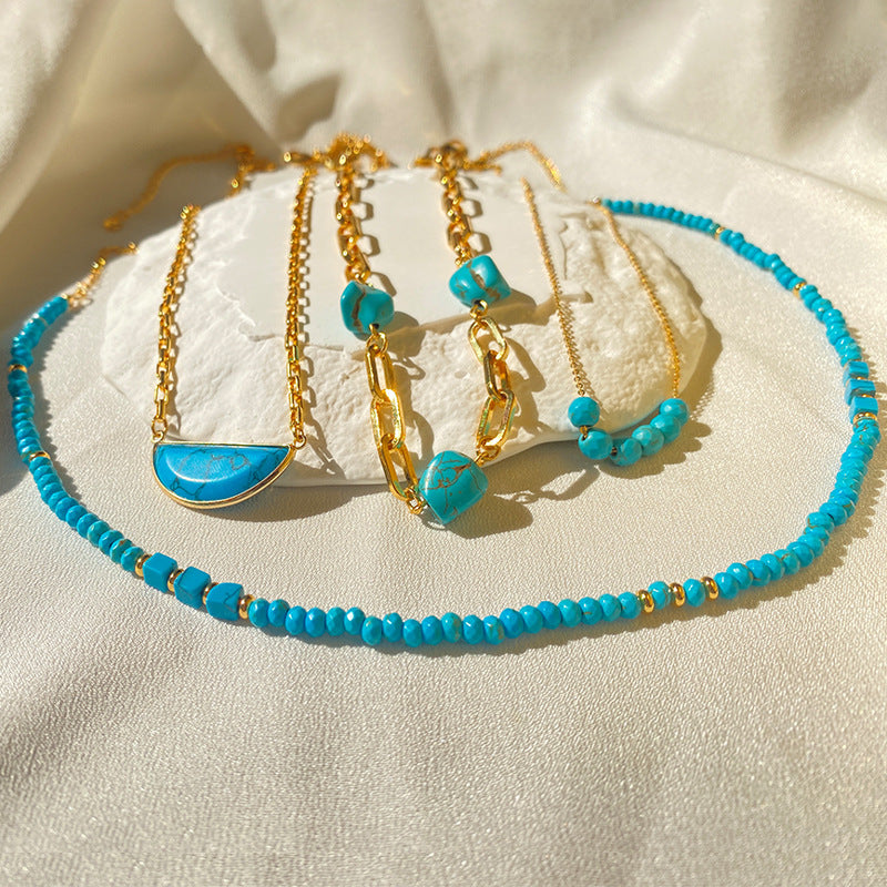 Wholesale Handmade Turquoise Beaded Necklace 18K Gold Plated Clavicle Chain Boutique Resale