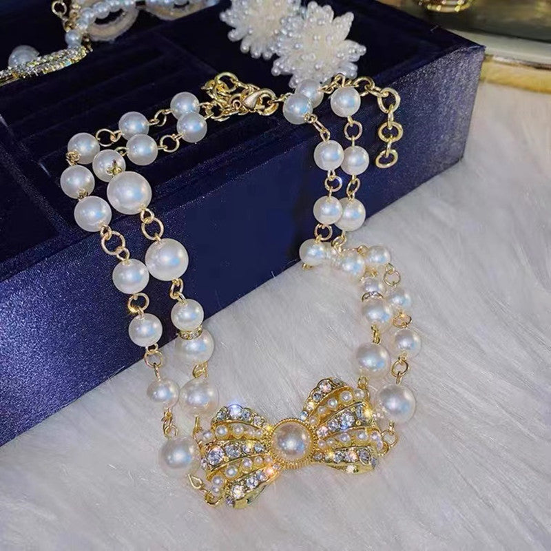 Wholesale Double-layer Pearl Bow Necklace