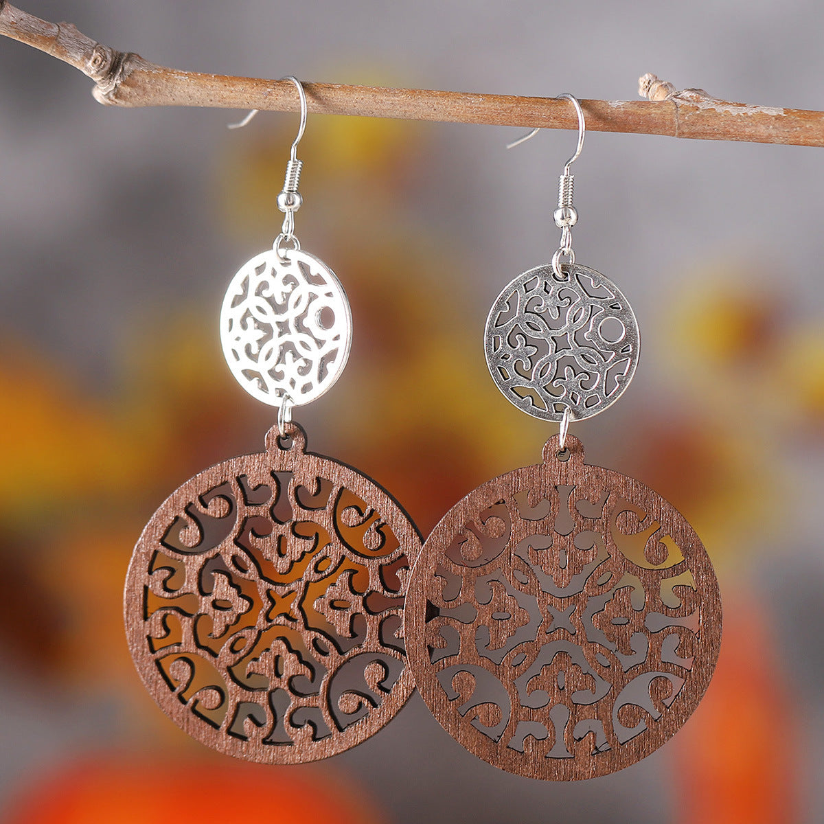 Wholesale Leaf Round ing Pendant Earrings Bohemian Wooden Double-sided  Earrings