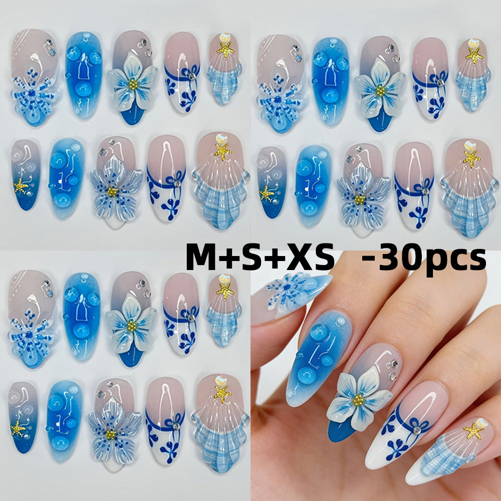Wholesale 30Pcs Sweet Mermaid Beach Press On Nails With 3D Pearls Starfish Shells Almond Shaped DIY Manicure Set For Women