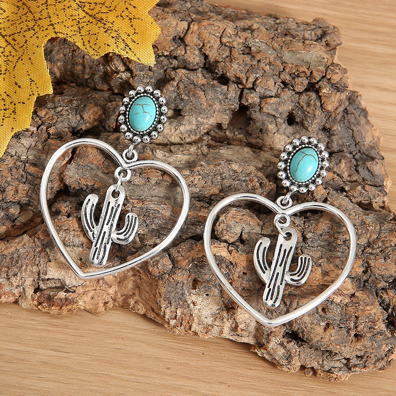 Wholesale Hollow Heart Shaped Cactus Turquoise Alloy Earrings ACC-ES-SaiPu002
