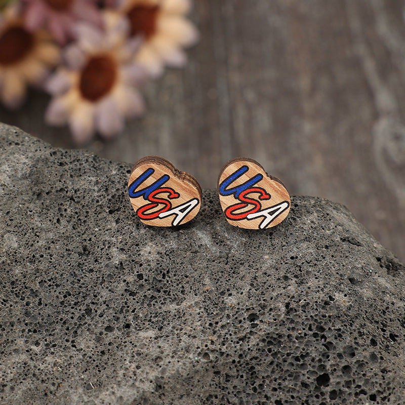 Wholesale Heart-shaped Printing USA Wooden Simple Stud Earrings
