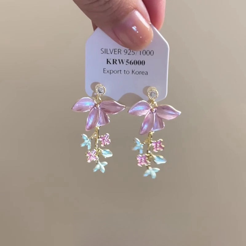 Wholesale Embossed Hazy Blue Vintage Drip Glaze Rose Flower Zircon Earrings