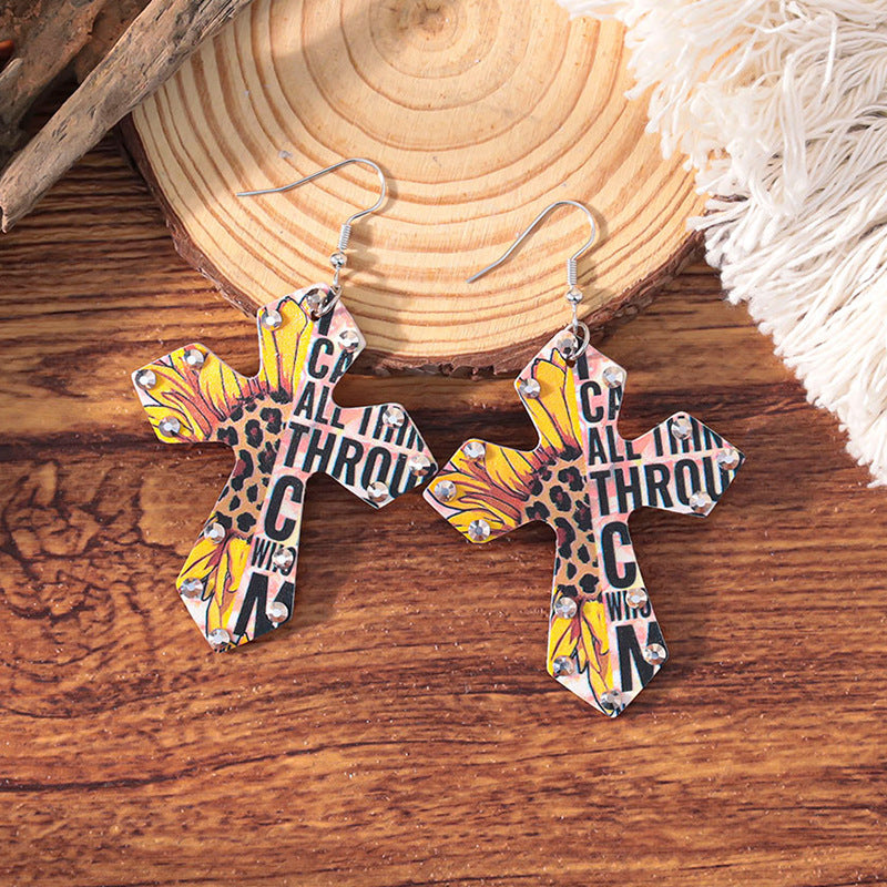 Wholesale double-layer cross leather Gothic style earrings,