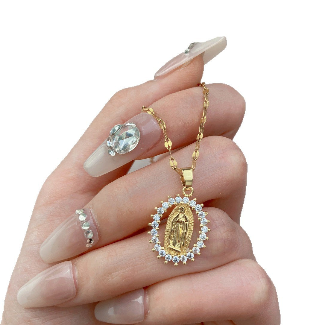 Wholesale European and American style minimalist luxury necklace,  unisex gold clavicle chain with zircon lace and openwork pendant.