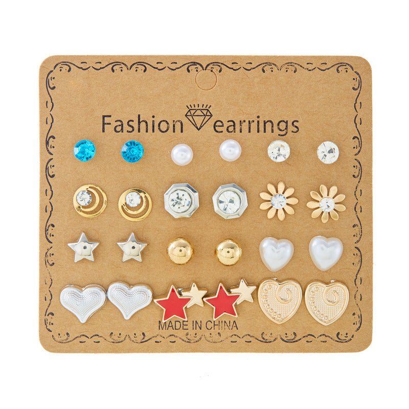 Wholesale month combination earrings 12 pairs of flowers love stars and moon diamond  earrings suit