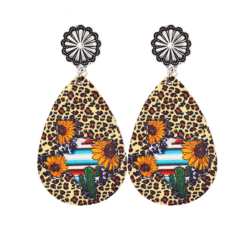 Wholesale Western Denim distressed style sunflower leopard leather earrings