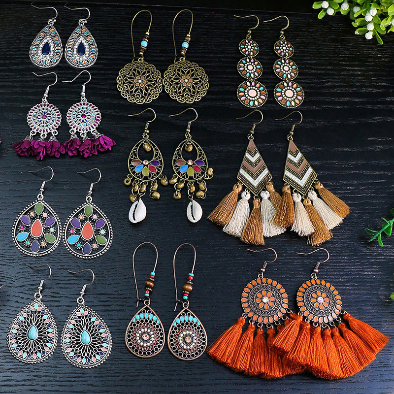 Wholesale Retro Ethnic Tassel Earrings Alloy Oil Drop Jewelry Accessory