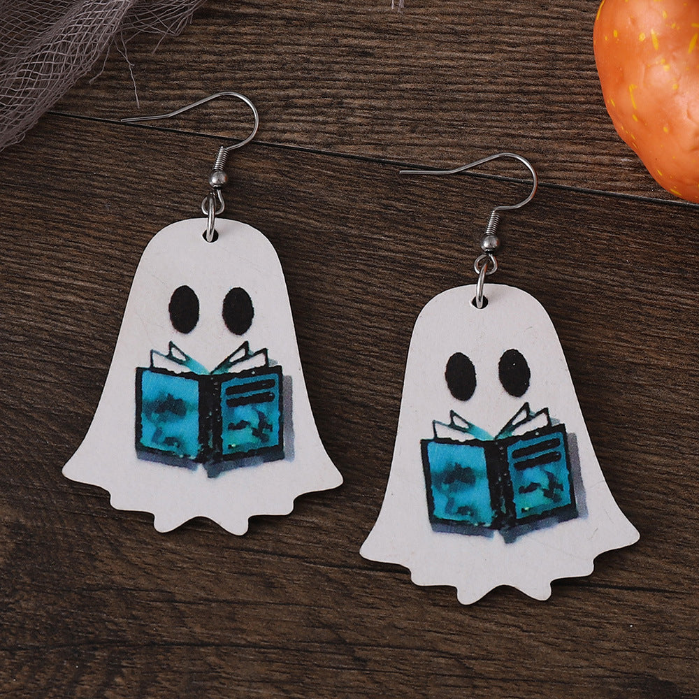 Wholesale Halloween Gothic Style Cute Ghost Flower Book Pocket Ghost Pendant Wooden Double Sided Earrings