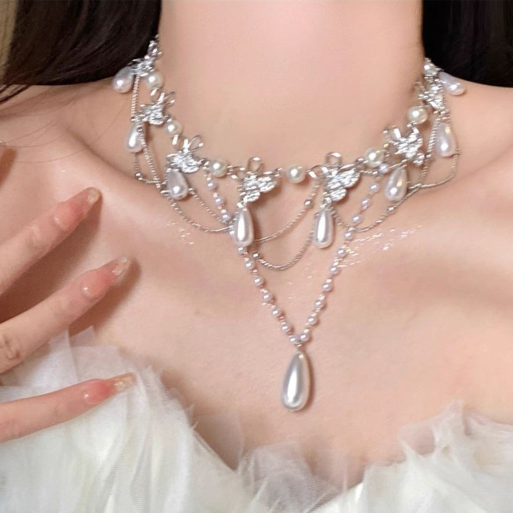 Wholesale Fairy Butterfly Multi-Layer Tassel Pendant Pearl Necklace Fashion Layering Jewelry for Boutique Resale