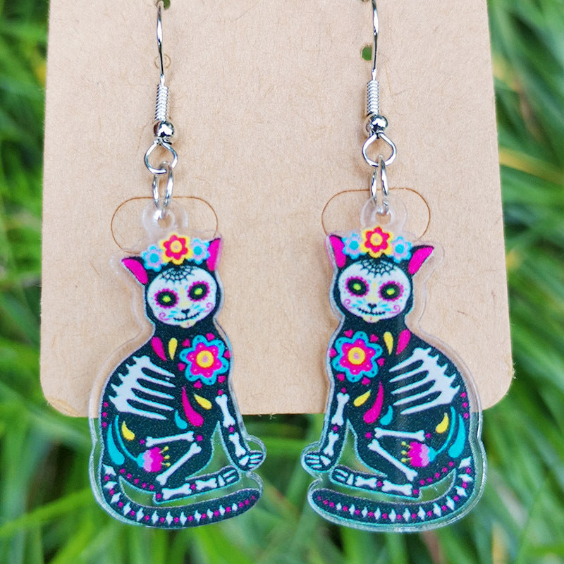 Wholesale 2 pairs/pack Acrylic Day of the Dead skull butterfly flower mushroom snake rose flame earrings