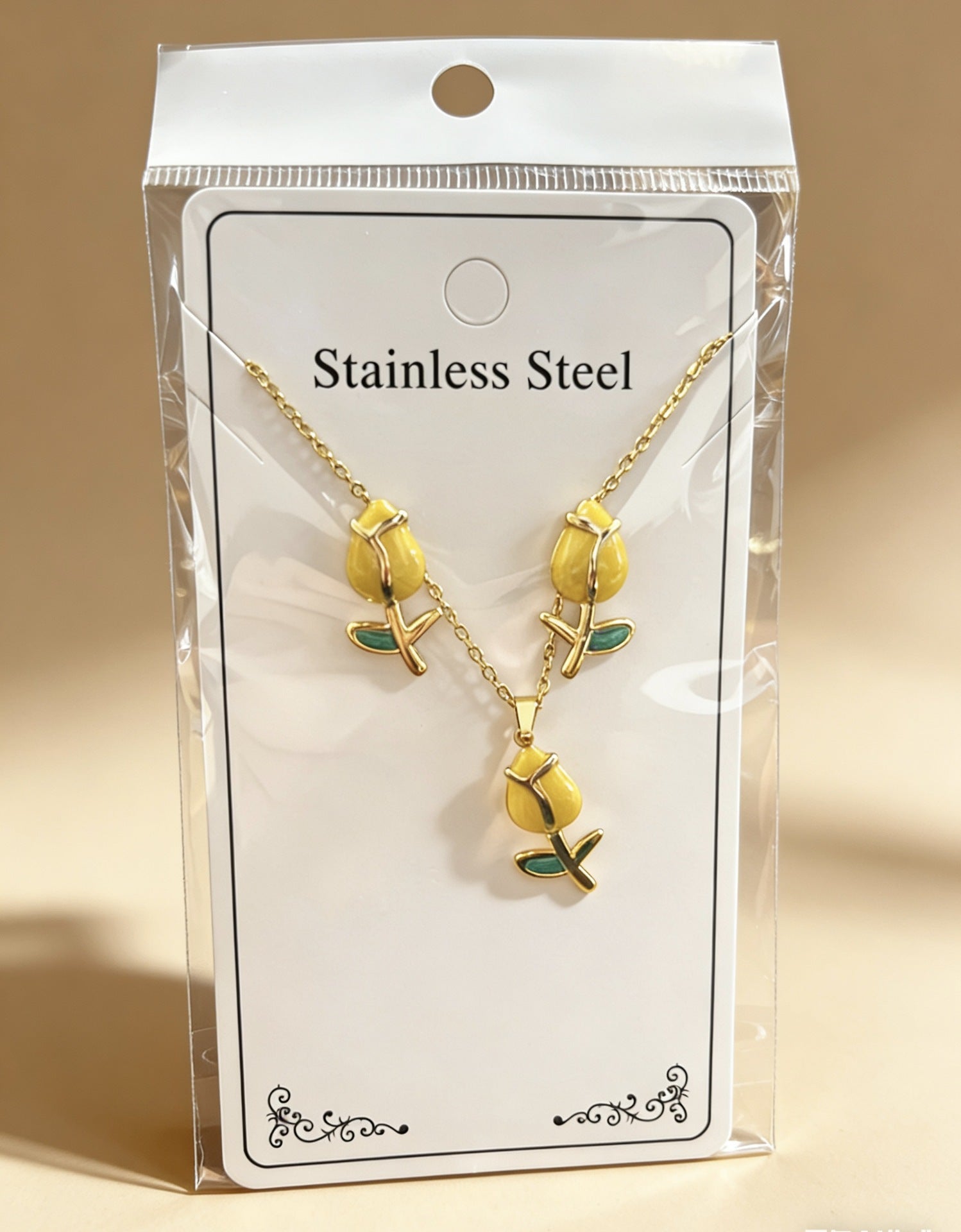 Wholesale Stainless Steel Flower and Teardrop Enamel Earrings and Necklace Set