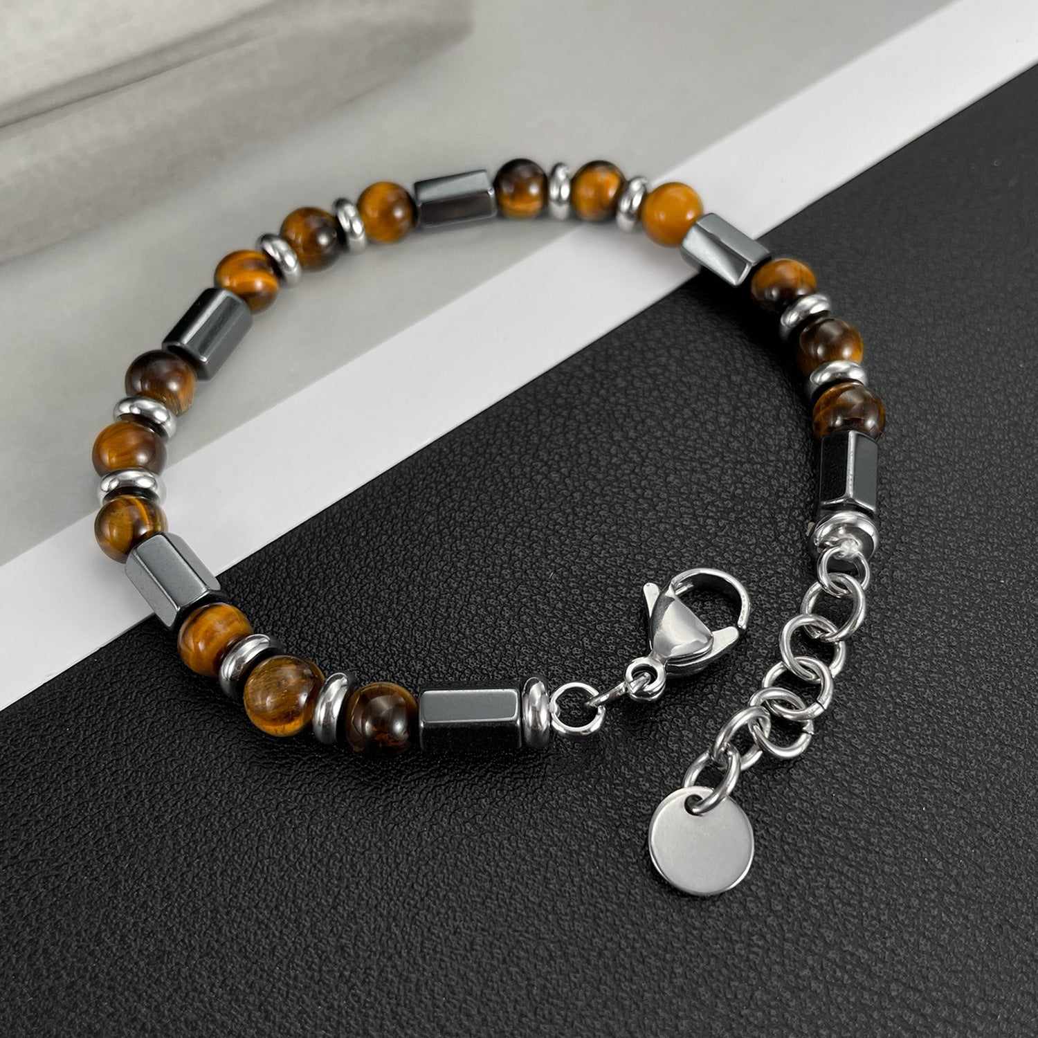 Wholesale  stainless steel  geometric tiger eye beaded chain bracelet