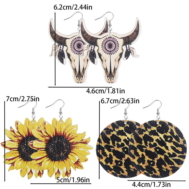 Wholesale Western Old Style Ethnic Style Sunflower Bull Head Leopard Print Round Wooden Earrings