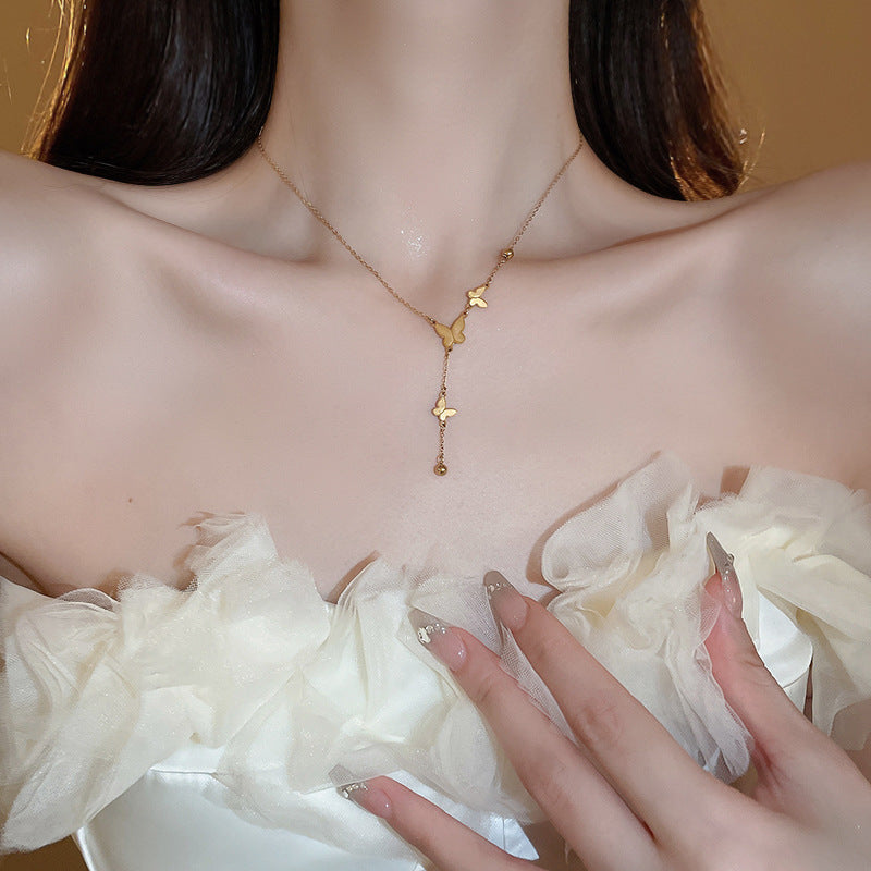 Wholesale Simple Metallic Titanium Steel Butterfly Collarbone Necklace