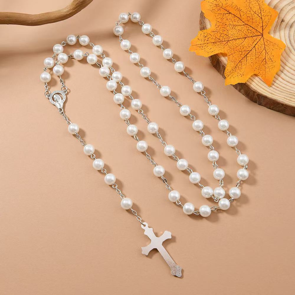 Wholesale Fashion Glass Pearl Cross Pendant Necklace for Communion Gift Jewelry Accessory