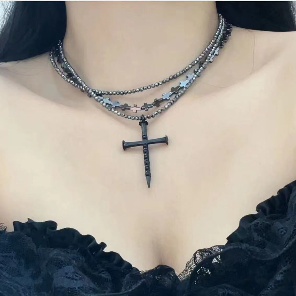 Wholesale  Black Cross Multi-layer Stacked Beaded Necklace