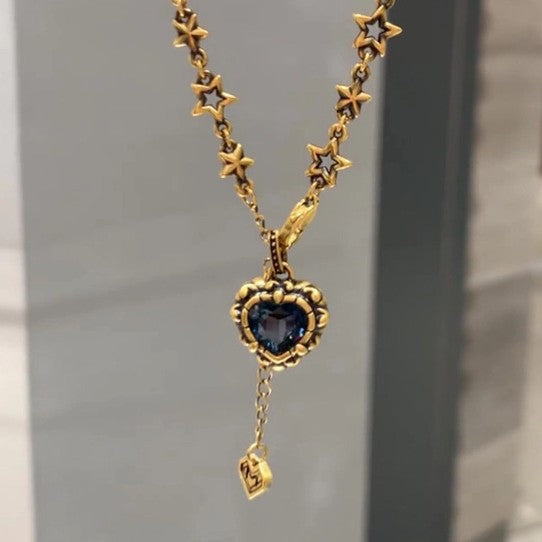 Wholesale Blue Diamond Heart Black Gold Necklace