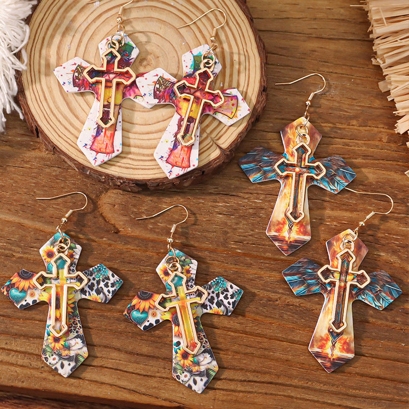 Wholesale double-layer cross leather Gothic style earrings,