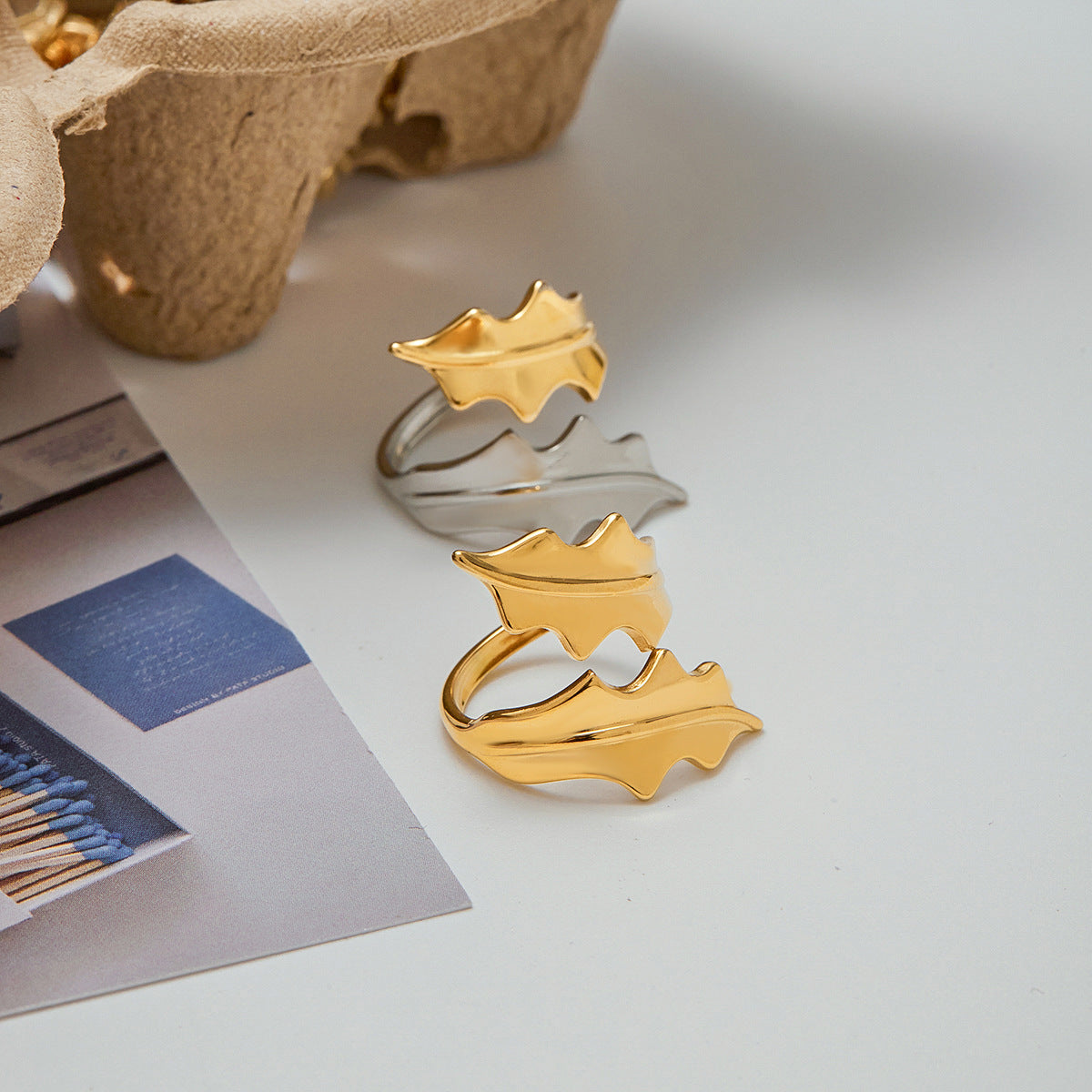 Wholesale 18K Gold Stainless Steel Gold and Silver Color Matching Leaf Color Matching Open  Ring