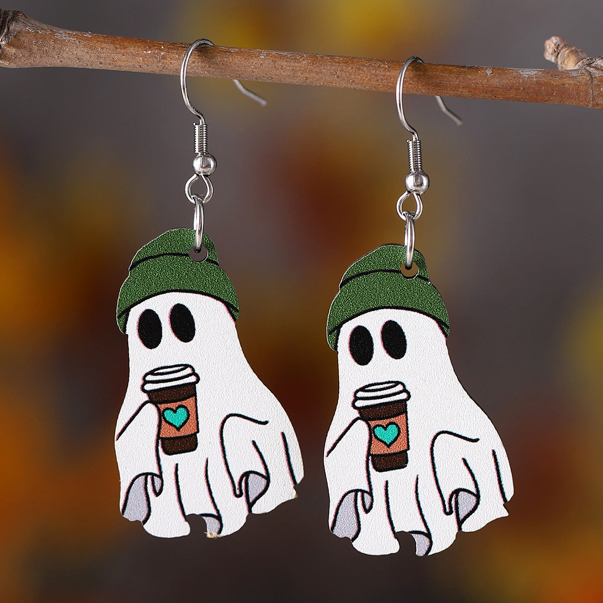 Wholesale Halloween Cute Ghost Pendant Earrings Wood Earrings Goth Theme Earrings ACC-ES-ChuLian035