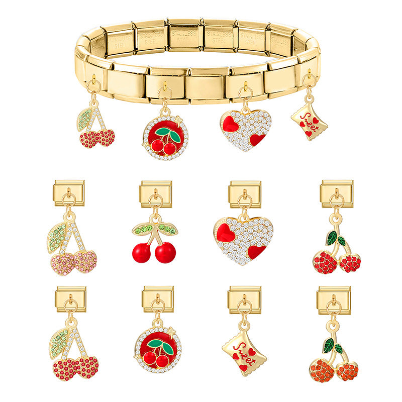 Wholesale Italian Charm Bracelet 9mm DIY Splicing Cherry Pendant Stainless Steel Composable Bracelet