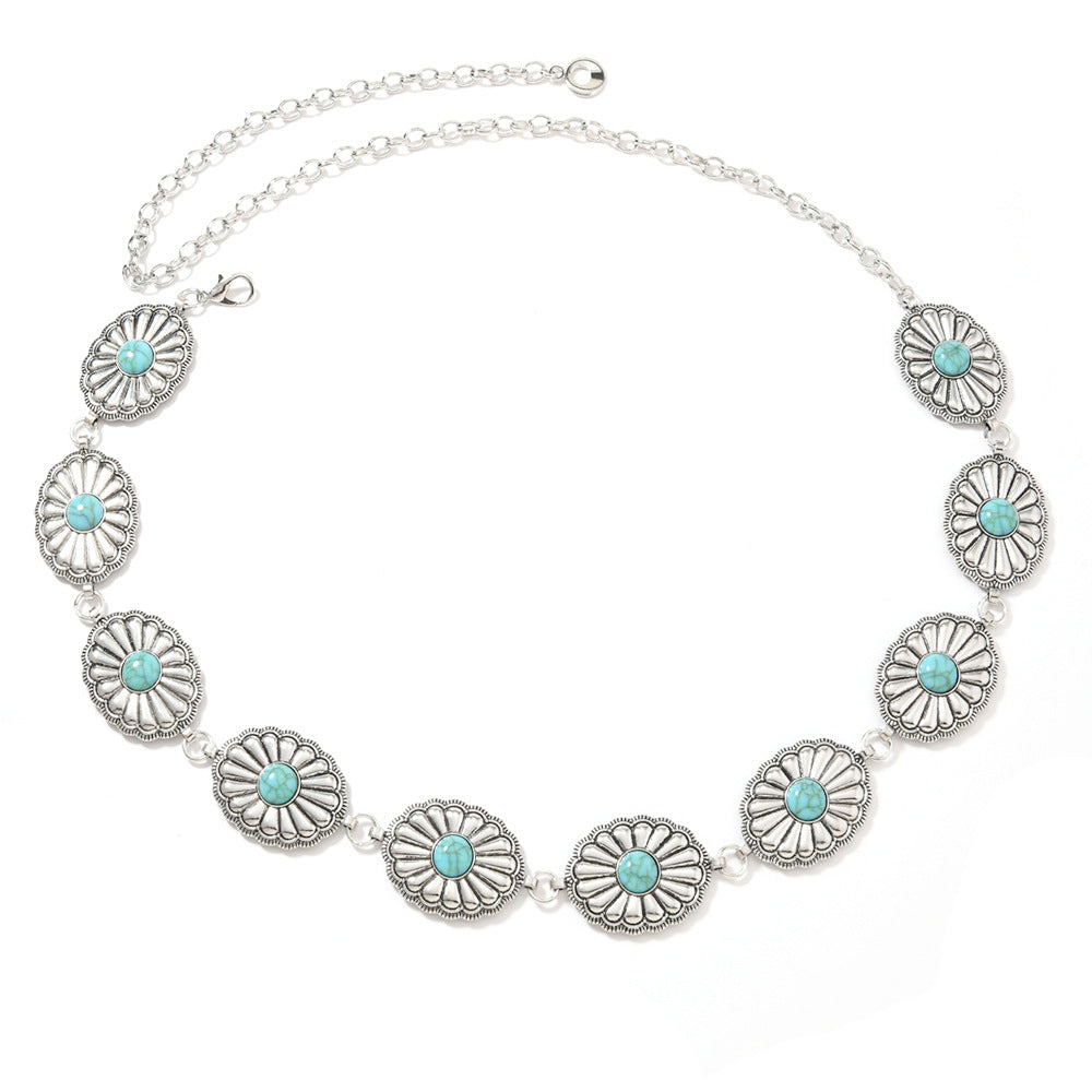 Wholesale Metal turquoise vintage carved waist chain