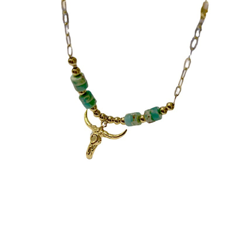Wholesale Bohemian Bull Head Pendant Stainless Steel Natural Stone Necklaces ACC-NE-Youbi003