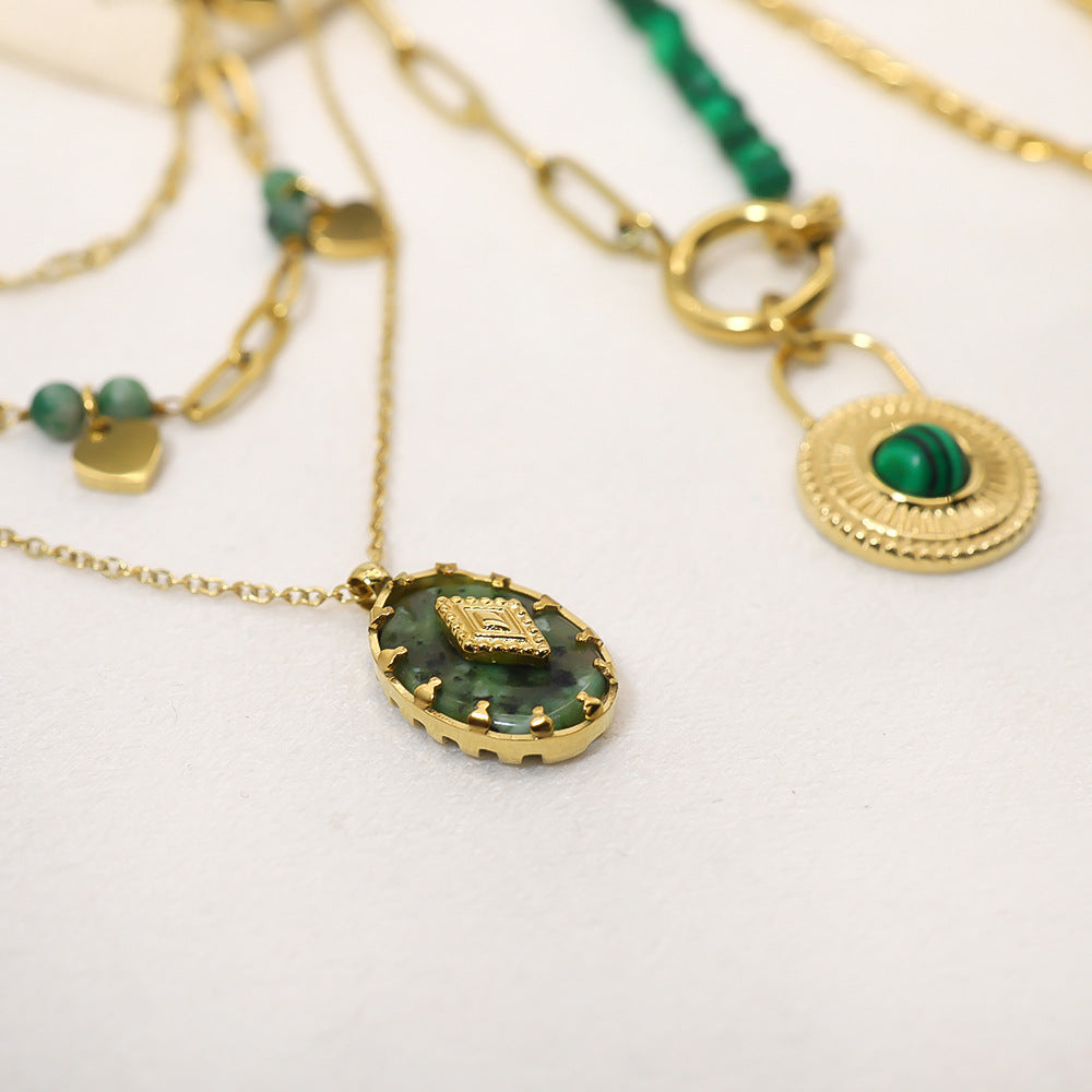 Wholesale  Green Combination Malachite Necklace Titanium Steel  Retro Double Layer Clavicle Chain