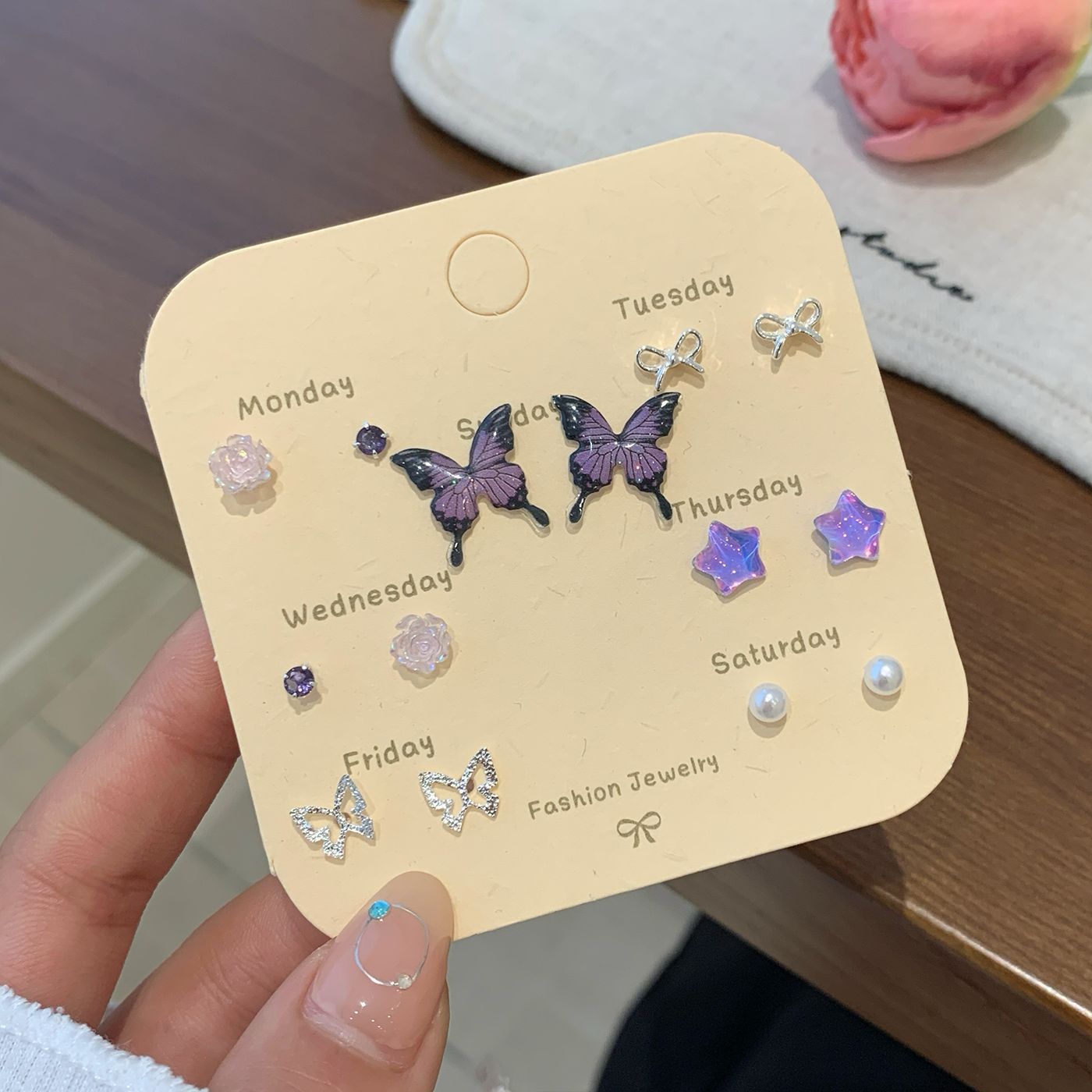 Wholesale Autumn Colorful Butterfly Flower Pearl Earring Set Silver Needle Small Sweet Earrings