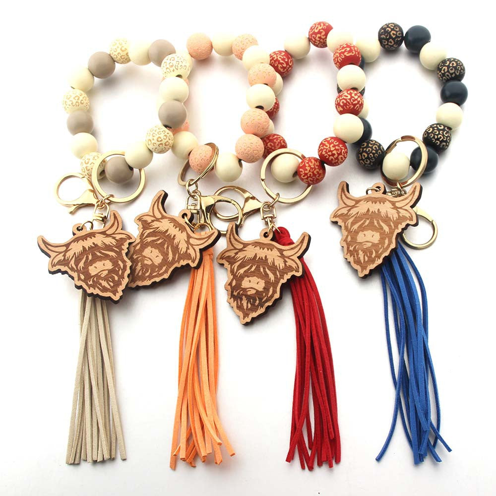 Wholesale Western Style Cow Tassel Wood Beads Beaded Wristlet Keychain ACC-KC-JinAn014