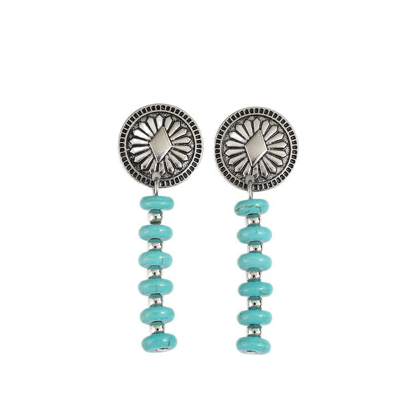 Wholesale Western Bohemian-Style Vintage Carved Round Medallion,  Turquoise-Beaded Alloy Earrings