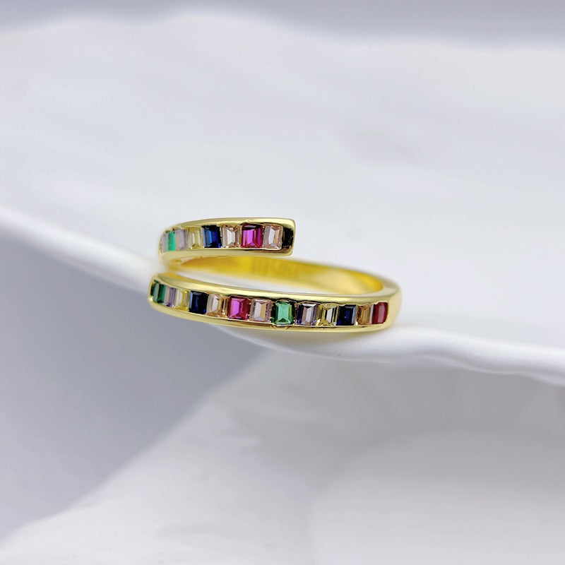Wholesale Rainbow Color Rectangular Zirconia Double Line Open Rings ACC-RS-YXY031