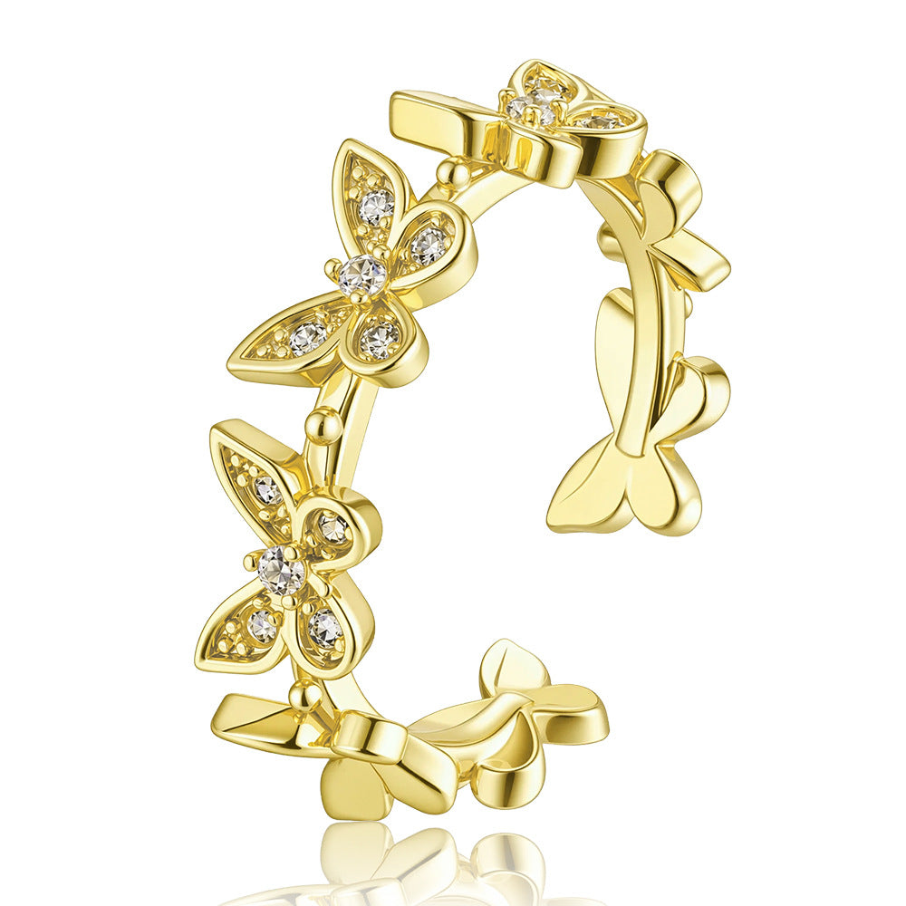 Wholesale Trendy Gold Butterfly Rhinestone Adjustable Ring Copper Zircon Fashion Jewelry Accessory For Men Women Everyday Wear Gift