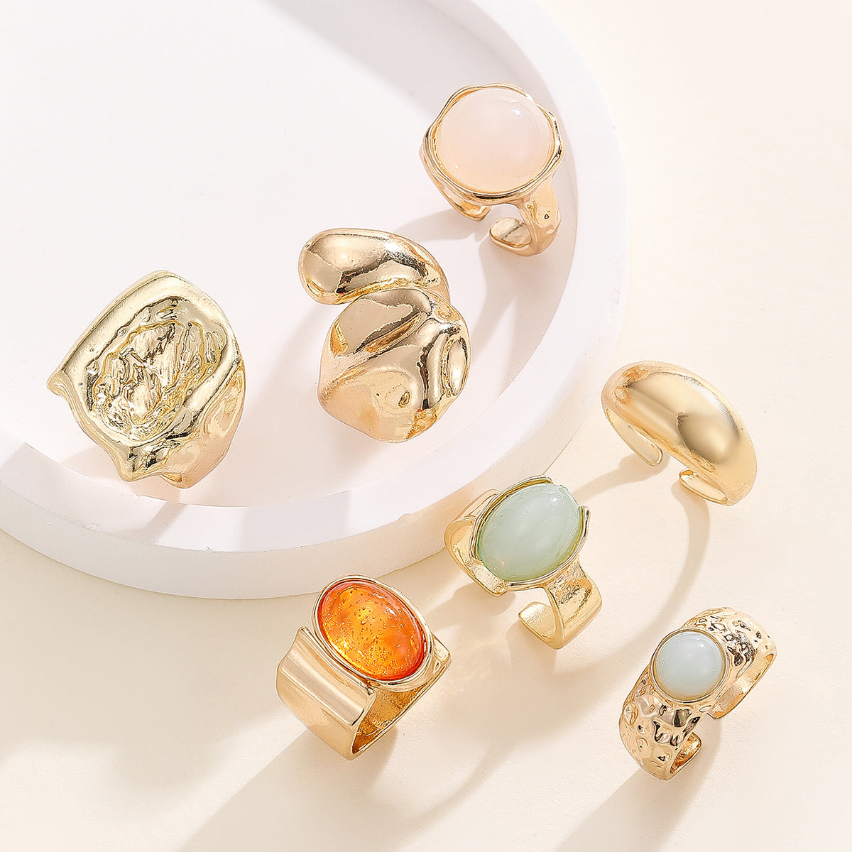 Wholesale Vintage Geometric Gold Finish Alloy Ring Set 7Pc Women S Chic Jewelry Accessory