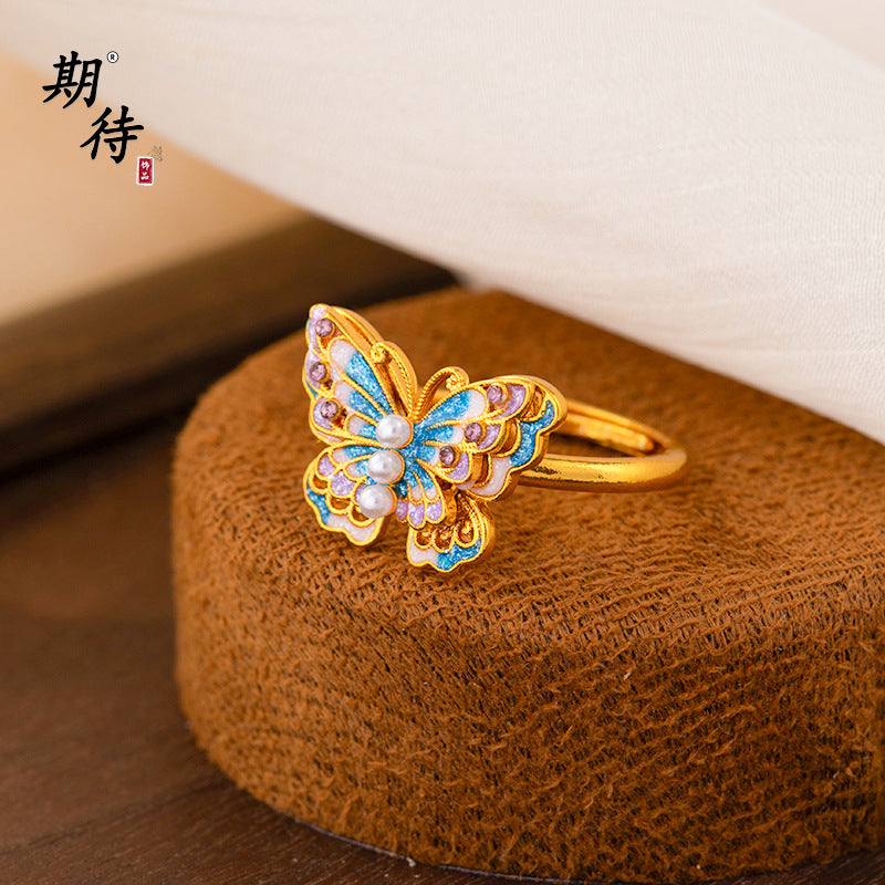 Wholesale Butterfly Ring Blue Gradient Enamel Pearl Antique Gold Finish Fashion Jewelry Accessory