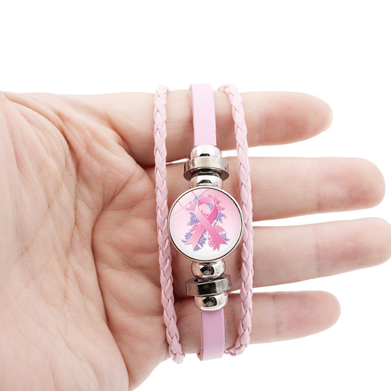 Wholesale Pink Ribbon Breast Consciousness Pink Leather Bracelet