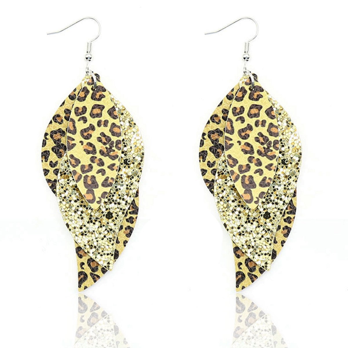 Wholesale  three-layer blade sequins leopard leather earrings