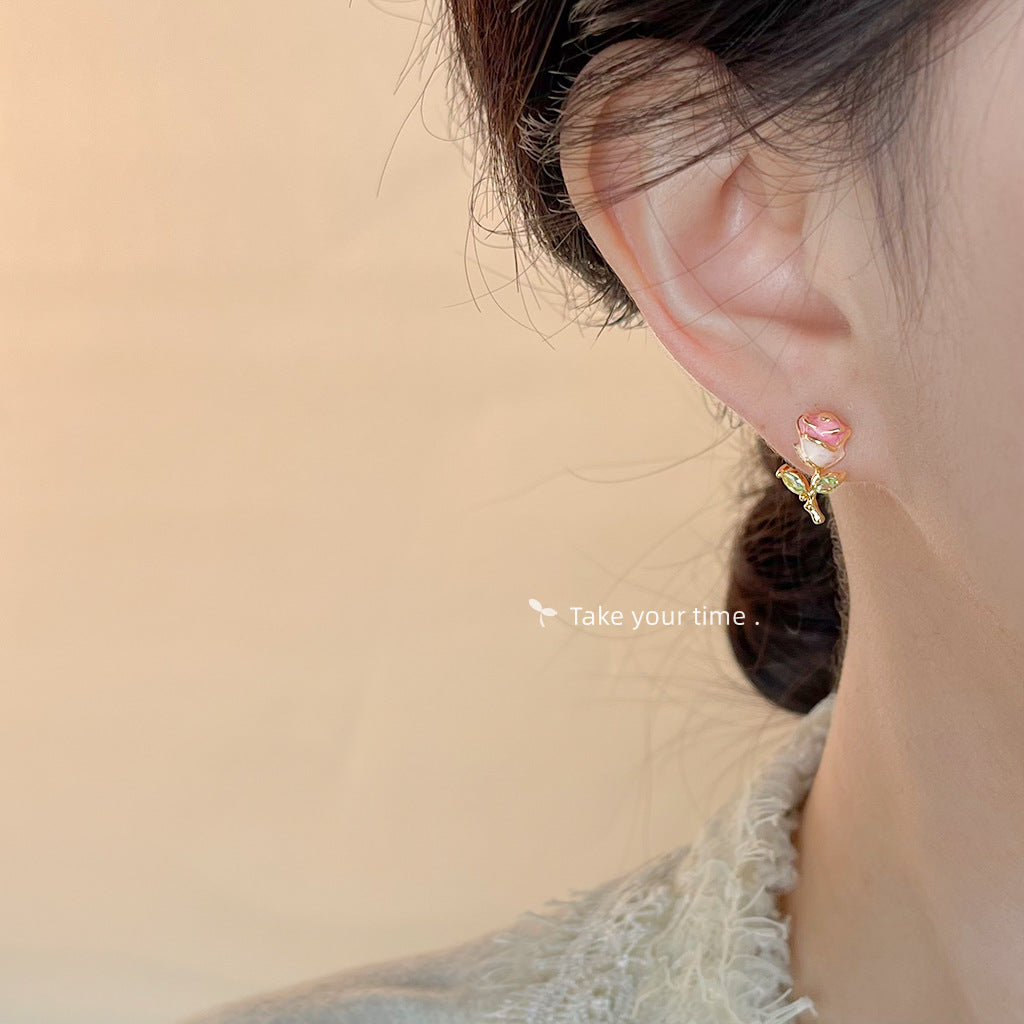 Wholesale  925 silver needle enamel drop glaze micro set zircon small rose earrings