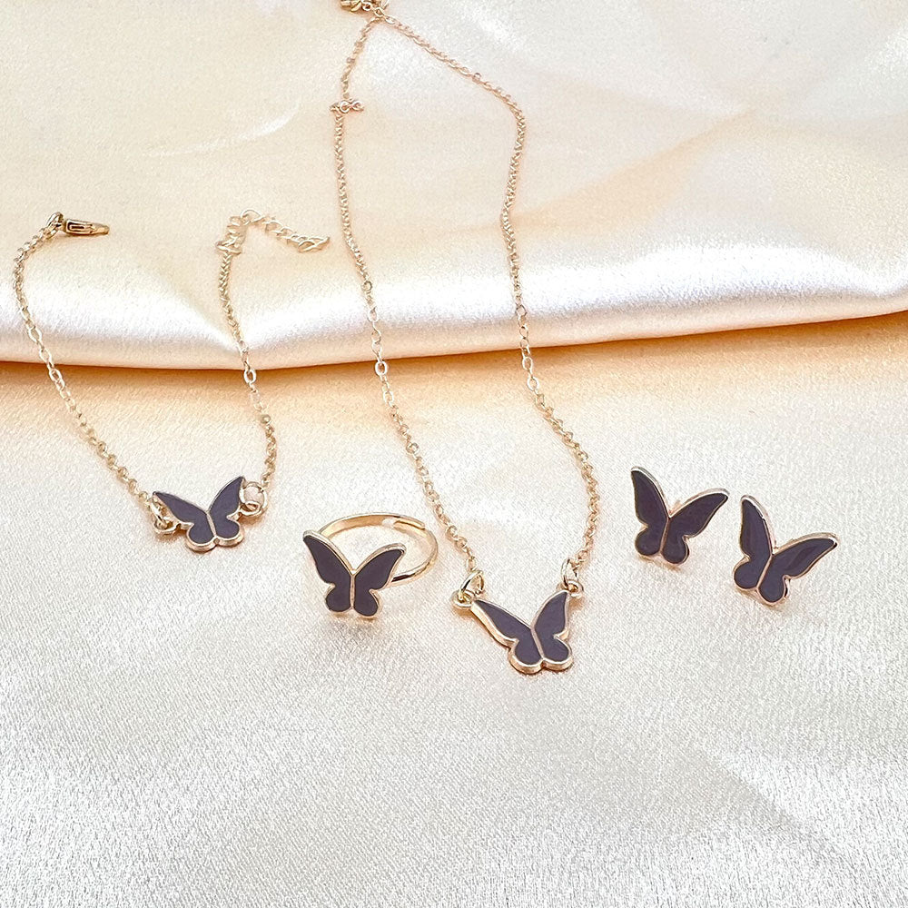 Wholesale Chic White Butterfly Jewelry Set Alloy Necklace Ring Earrings Everyday Wear Accessory For Women