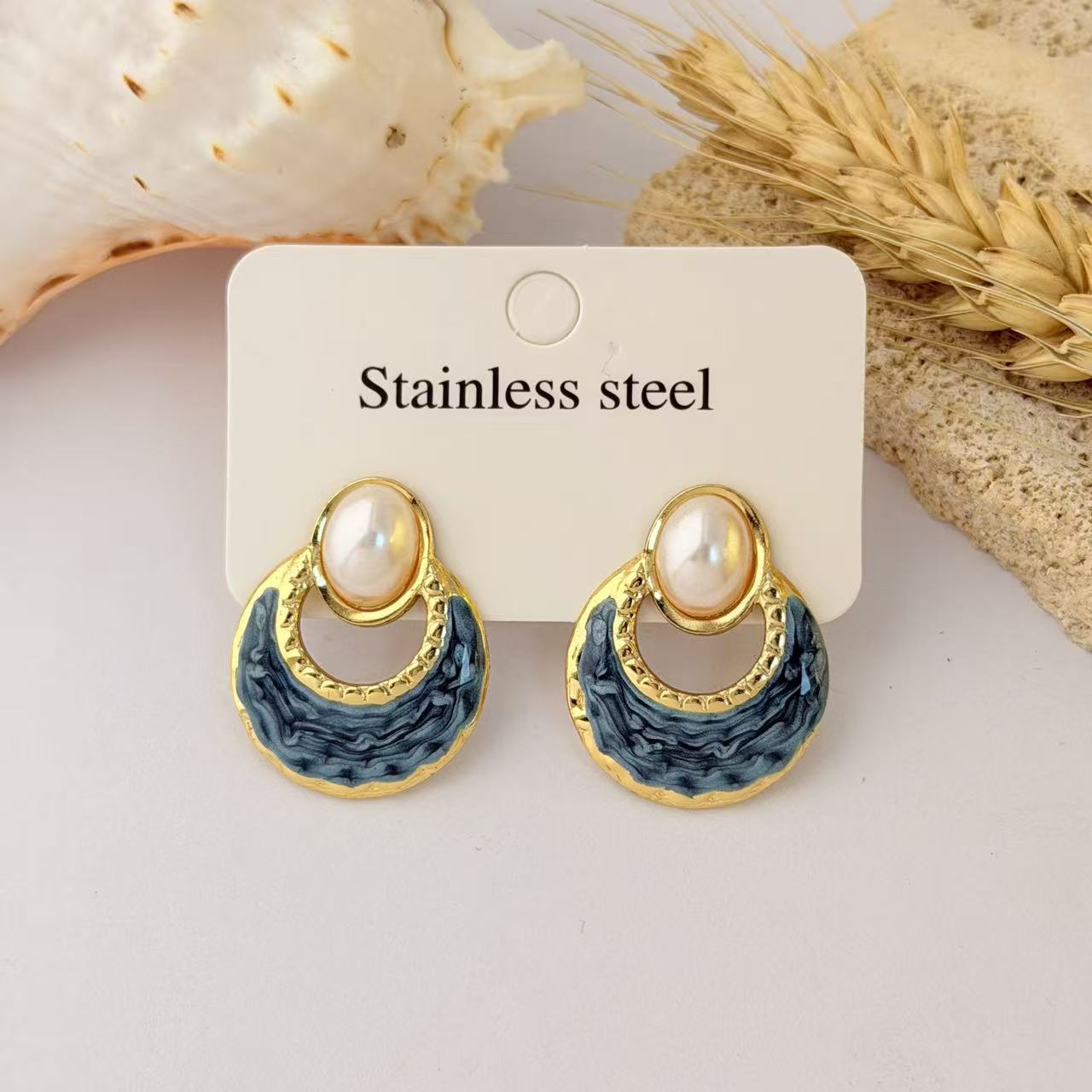 Wholesale Dripping Glaze Stainless Steel Earrings Minimalist Fan-Shaped Fashion Jewelry Accessory for Women
