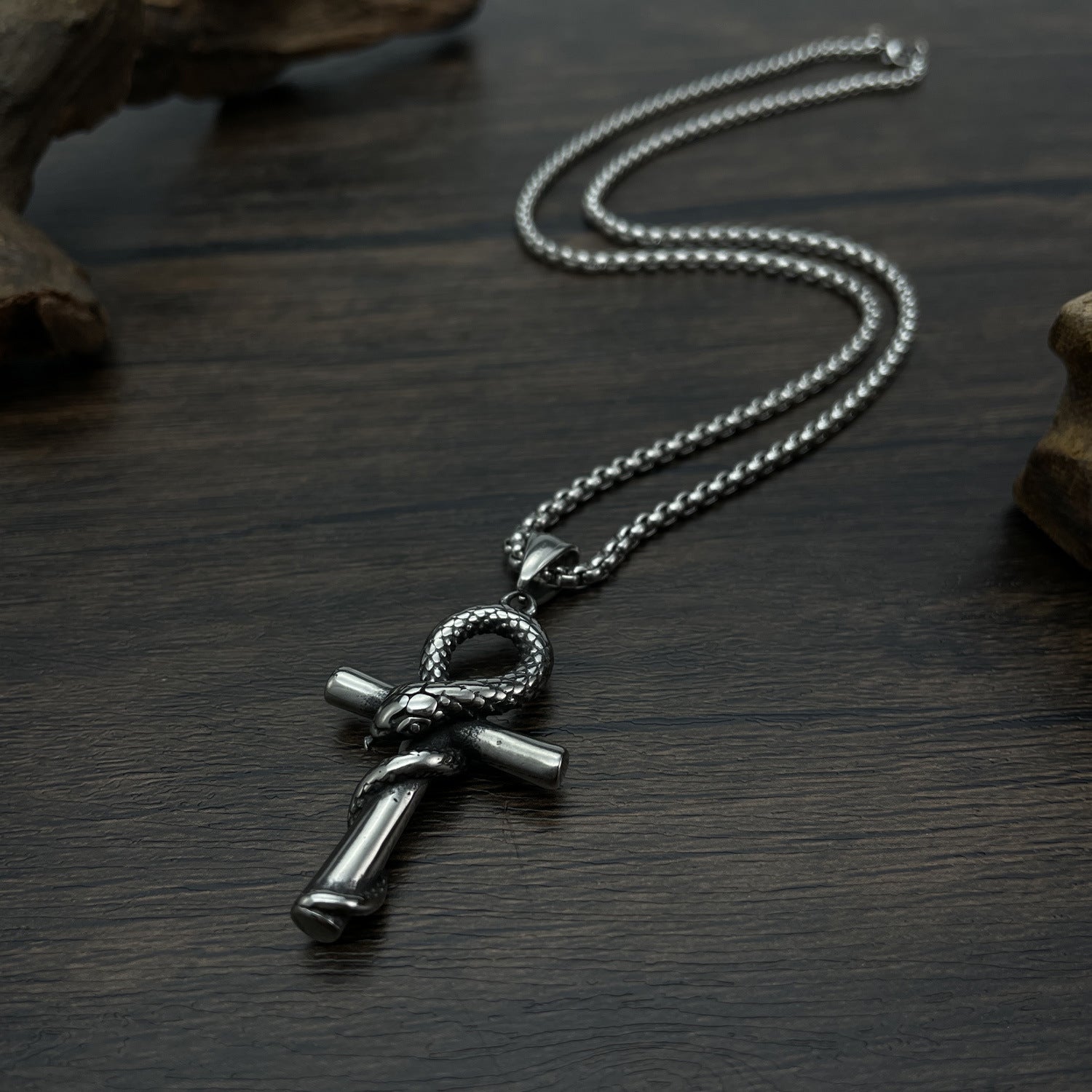Wholesale  Retro Trendy Design Sense Mamba Snake Cross Pendant Hip Hop Titanium Steel Necklace