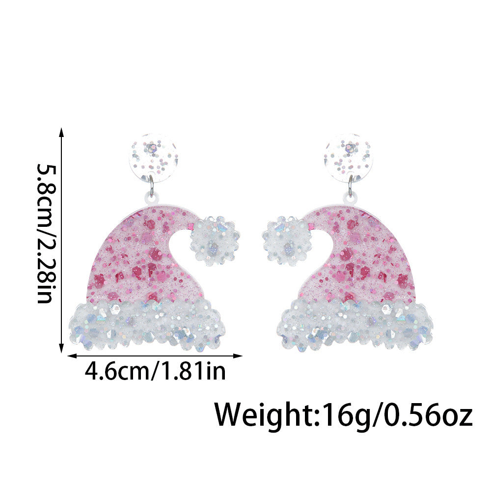 Wholesale Christmas Acrylic Pink Shiny Colorful Christmas Hat Earrings