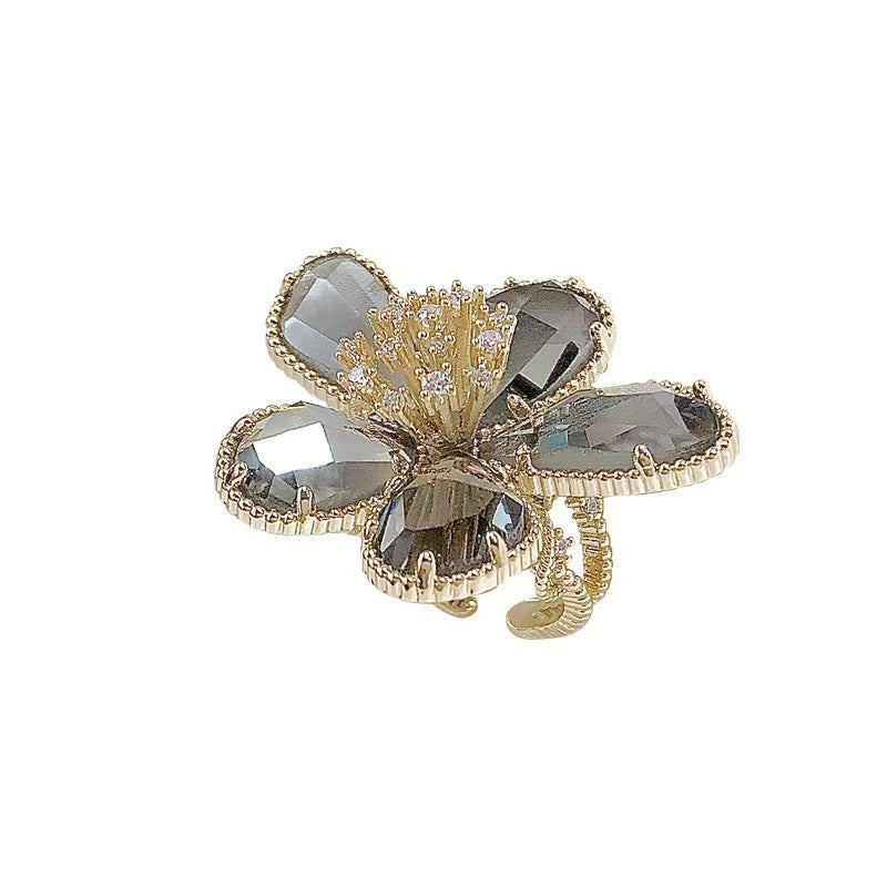 Wholesale European and American Style Crystal Flower Ring for Women,  Zinc Alloy Adjustable Open Ring for Index Finger,  Cross-Border Wholesale Starting from