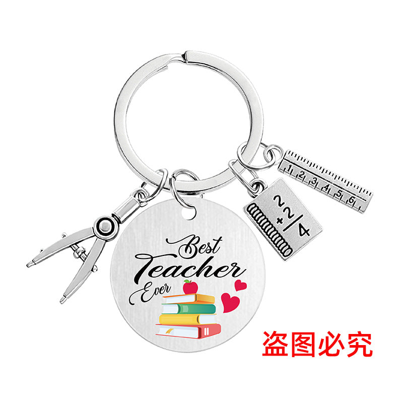 Wholesale Color Printing Gratitude Teacher Compasses Ruler Metal Keychain Holiday Gift Teacher's Day Pom Pom ACC-KC-Ganggu015