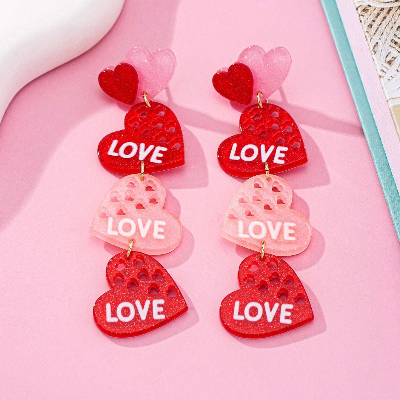 Wholesale Valentine's Day Acrylic Cute Pink Heart Hollow Earrings