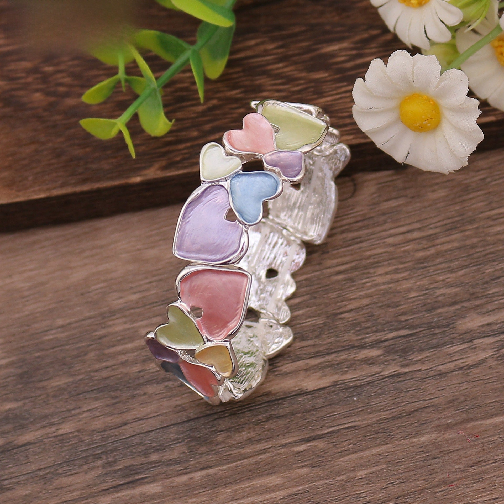 Wholesale  Colorful Oil Painting Geometric Hollow Heart Elastic Bracelet