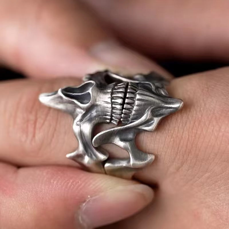 Wholesale Electroplated Zinc Alloy Retro Skull Ghost 2-in-1 Thai Silver Style Ring Men' s Fashion Accessory